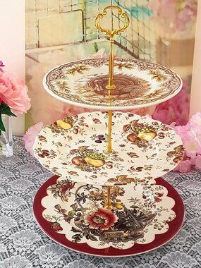 Farmhouse 3-Tier Cake Stand Brown Transferware Dessert Stand Thanksgiving